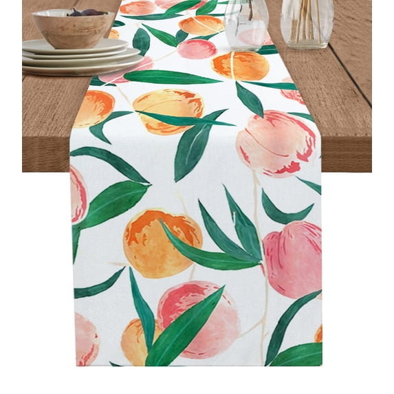 Table Runner Dresser Scarves 72 Inch Long, Pink Orange Peach Watercolor Fruit Linen Dining Table Runners Green Leaf Foliage on White Tabletop Scarf for Wedding Holiday Party Kitchen