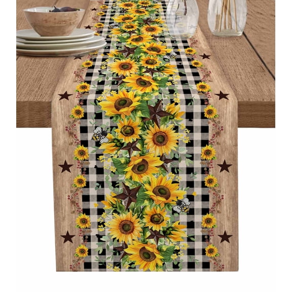 Table Runner Dresser Scarves 72 Inch Long,Retro Farm Sunflower Western Star Linen Dining Table Runners Rustic Buffalo Plaid Wood Tabletop Scarf for Wedding Holiday Party Kitchen