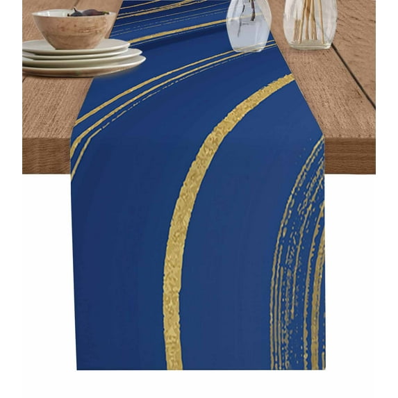 Table Runner Dresser Scarves 72 Inch Long, Royal Blue Stripes Gold Inlay Linen Dining Table Runners Liquid Abstract Ripple Curve Tabletop Scarf for Wedding Holiday Party Kitchen
