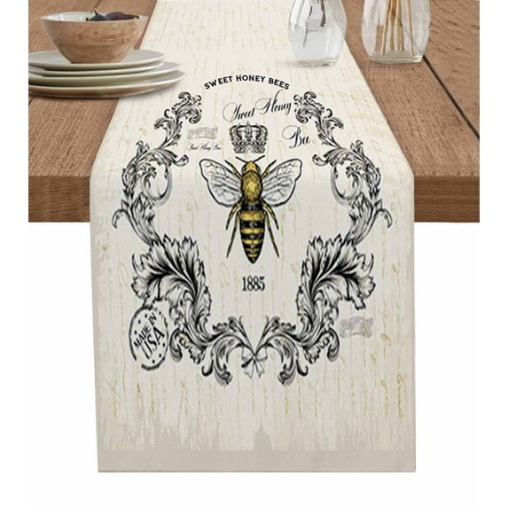 Table Runner Dresser Scarves 72 Inch Long, Rustic Bee Crown Linen Dining Table Runners Vintage Newspaper Sweet Honey Animals Tabletop Scarf for Wedding Holiday Party Kitchen