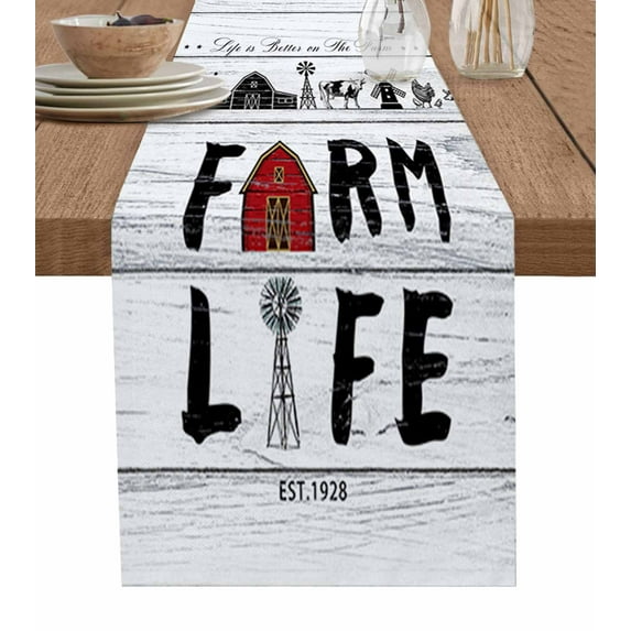 Table Runner Dresser Scarves 72 Inch Long, Rustic Farm Barn Windmill Animal Linen Dining Table Runners Retro Wood Boards Tabletop Scarf for Wedding Holiday Party Kitchen