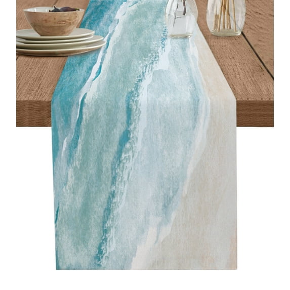 Table Runner Dresser Scarves 72 Inch Long, Seaside Gradient Blue Wave Linen Dining Table Runners Beach Natural Scene Tabletop Scarf for Wedding Holiday Party Kitchen
