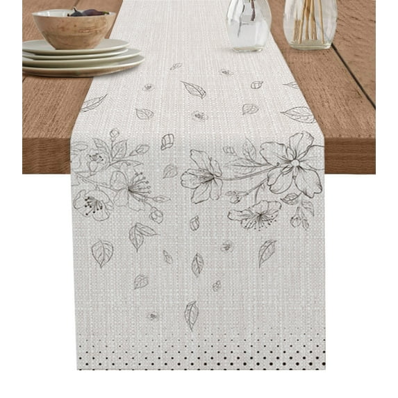 Table Runner Dresser Scarves 72 Inch Long, Sketch Flower on Burlap Linen Linen Dining Table Runners Blossoming Floral with Leaves Tabletop Scarf for Wedding Holiday Party Kitchen