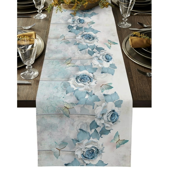 Table Runner Dresser Scarves 72 Inch Long, Spring Garden Blue Flower with Butterfly Linen Dining Table Runners Watercolor Floral and Marble Stone Tabletop Scarf for Wedding Holiday Party Kitchen