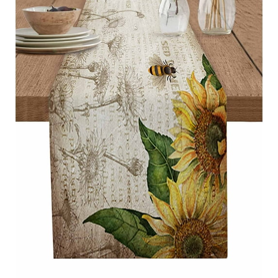 Table Runner Dresser Scarves 72 Inch Long, Sunflower Bee Dragonfly and Butterfly Linen Dining Table Runners Rural Old Newspaper Tabletop Scarf for Wedding Holiday Party Kitchen