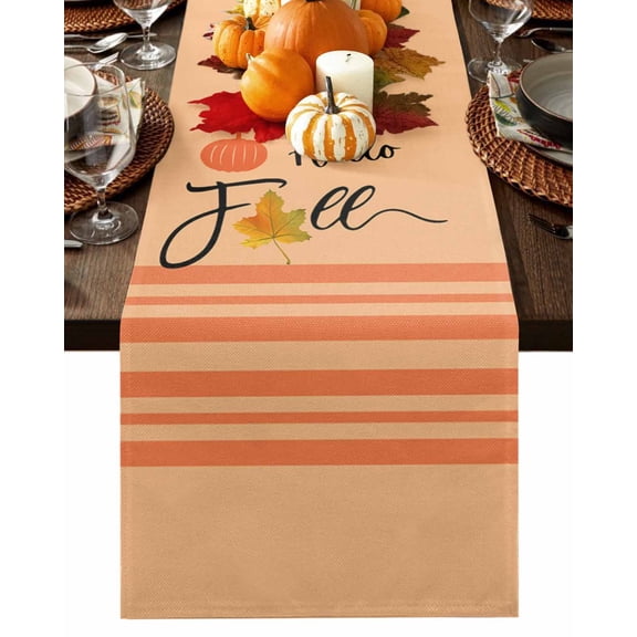 Table Runner Dresser Scarves 72 Inch Long,Thanksgiving Pumpkin Maple Leaves Linen Dining Table Runners Hello Fall Quote Stripe on Orange Tabletop Scarf for Wedding Holiday Party Kitchen