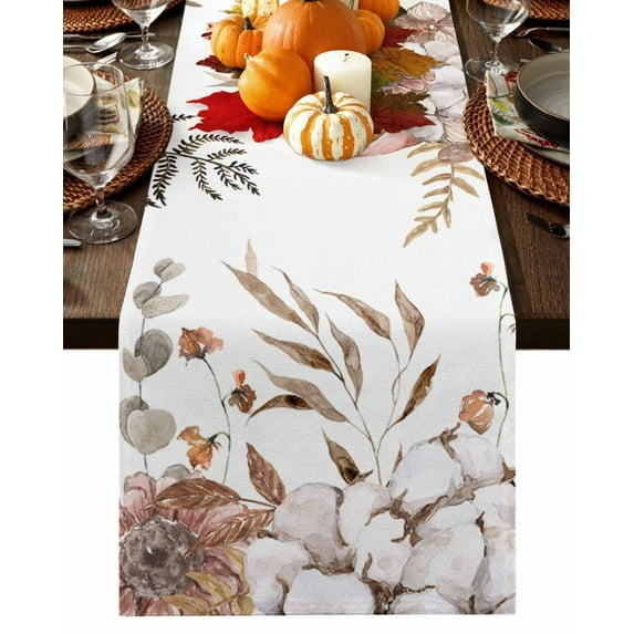 Table Runner Dresser Scarves 72 Inch Long,Thanksgiving Watercolor Floral Leaves Linen Dining Table Runners Autumn Flower Cotton on White Tabletop Scarf for Wedding Holiday Party Kitchen
