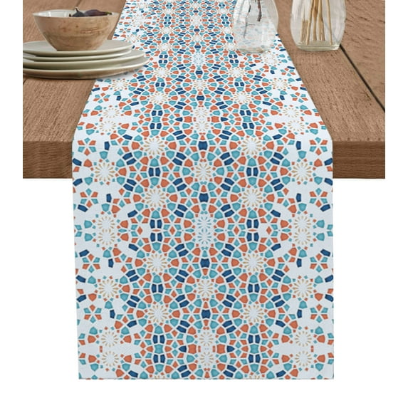 Table Runner Dresser Scarves 72 Inch Long, Vintage Blue Orange Splicing Circle Linen Dining Table Runners Abstract Geometric Tile Texture Tabletop Scarf for Wedding Holiday Party Kitchen