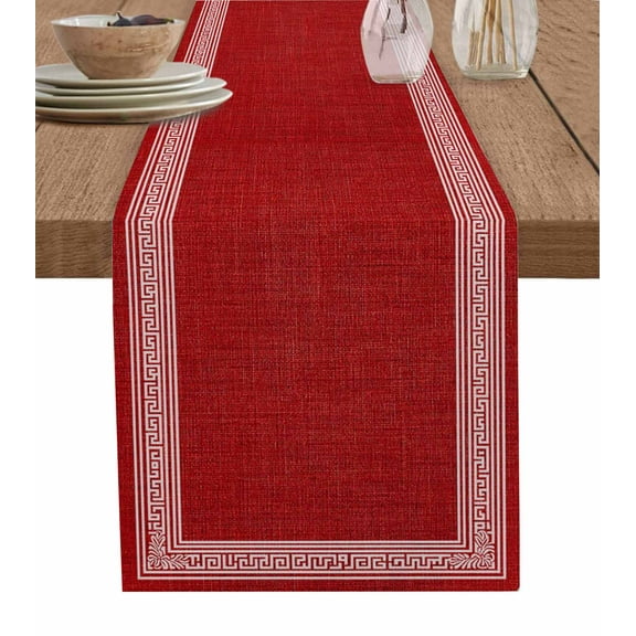 Table Runner Dresser Scarves 72 Inch Long,Vintage Red Linen Twist Pattern Linen Dining Table Runners Chinese Key Design Tabletop Scarf for Wedding Holiday Party Kitchen