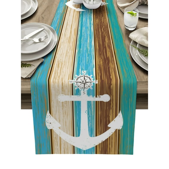 Table Runner Dresser Scarves 72 Inch Long, Vintage Teal Blue Brown Wood Board Linen Dining Table Runners Beach Weathered Wooden Plank Tabletop Scarf for Wedding Holiday Party Kitchen