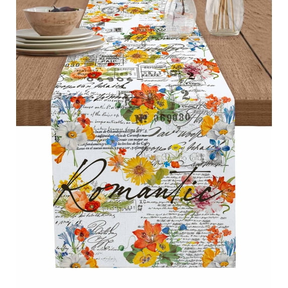 Table Runner Dresser Scarves 72 Inch Long,Watercolor Blossom Flower on White Linen Dining Table Runners Vintage Letter Postcard Texture Tabletop Scarf for Wedding Holiday Party Kitchen