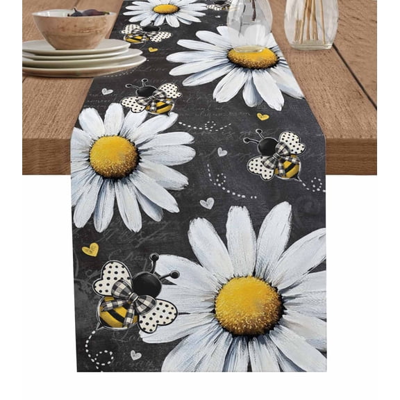 Table Runner Dresser Scarves 72 Inch Long,Watercolor Farm Daisy Flower Bee Linen Dining Table Runners Rustic Floral on Gray Board Tabletop Scarf for Wedding Holiday Party Kitchen