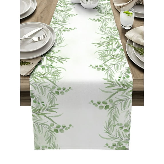 Table Runner Dresser Scarves 72 Inch Long, Watercolor Green Leaves on White Linen Dining Table Runners Rustic Farm Botanical Leaf Tabletop Scarf for Wedding Holiday Party Kitchen