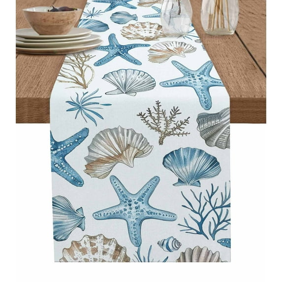 Table Runner Dresser Scarves 72 Inch Long,Watercolor Marine Starfish Shell Coral Linen Dining Table Runners Undersea World on White Tabletop Scarf for Wedding Holiday Party Kitchen