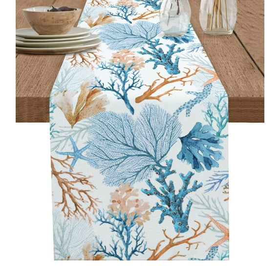 Table Runner Dresser Scarves 72 Inch Long, Watercolor Ocean Blue Brown Coral Linen Dining Table Runners Nautical Marine Life on White Tabletop Scarf for Wedding Holiday Party Kitchen