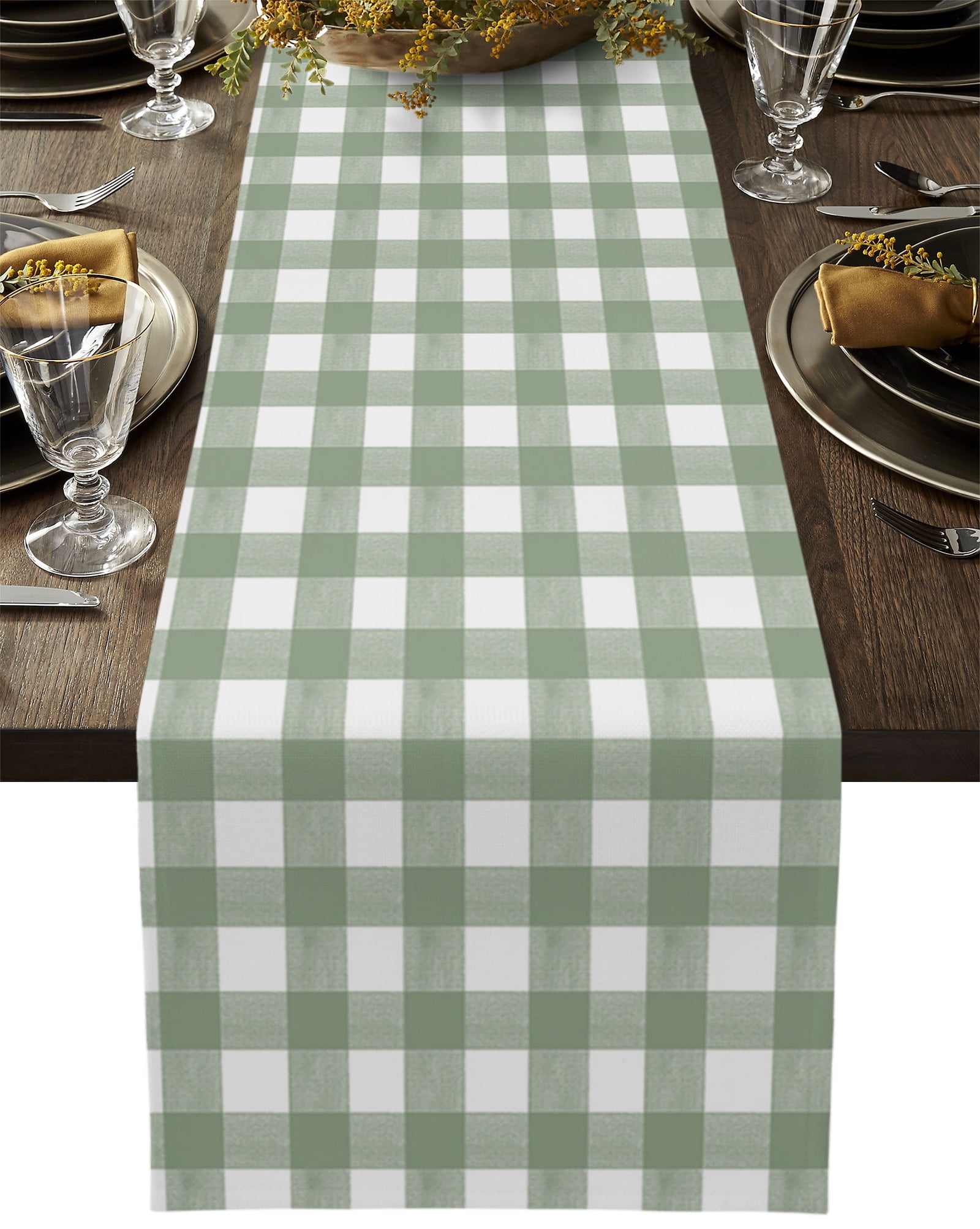 Table Runner Dresser Scarves 72 Inch Long, Watercolor Sage Green Lattice Checker Linen Dining Table Runners Minimalist Buffalo Plaid Tabletop Scarf for Wedding Holiday Party Kitchen