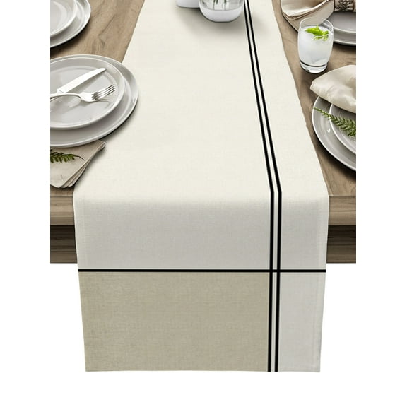 Table Runner Dresser Scarves 90 Inch Long, Abstract Modern Minimalist Art Linen Dining Table Runners Lines Color Burlap Splicing Tabletop Scarf for Wedding Holiday Party Kitchen