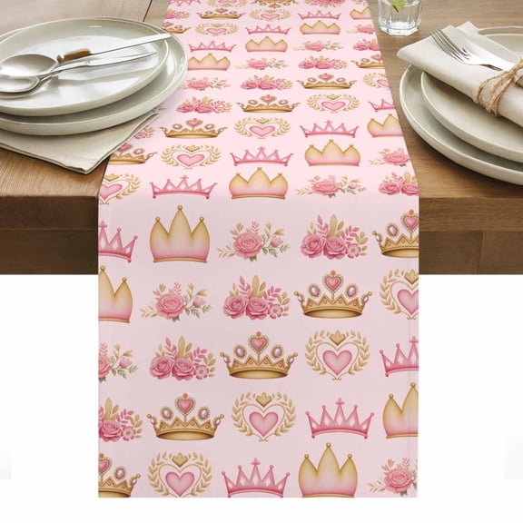 Table Runner Dresser Scarves 90 Inch Long,Abstract Pink Flowers Princess Crown Linen Dining Table Runners