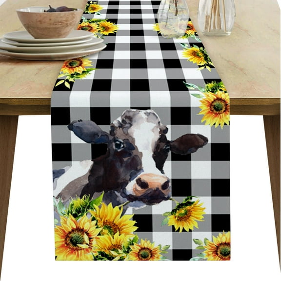 Table Runner Dresser Scarves 90 Inch Long, Animal Cow Yellow Flowers Buffalo Check Plaid Linen Dining Table Runners Farm Black Tabletop Scarf for Wedding Holiday Party Kitchen