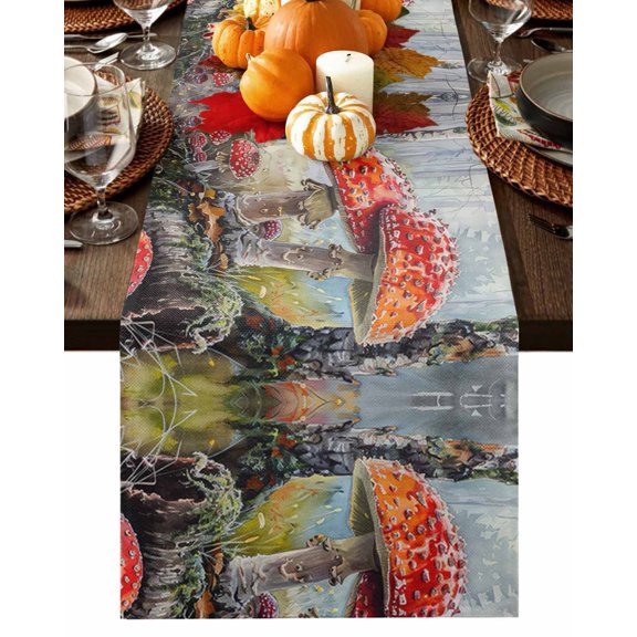 Table Runner Dresser Scarves 90 Inch Long,Autumn Watercolor Red Mushroom Forest Linen Dining Table Runners