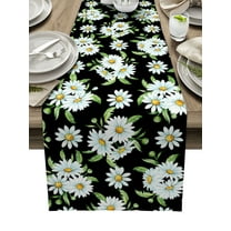 Table Runner Dresser Scarves 90 Inch Long, Blossom Watercolor Daisy Flower Linen Dining Table Runners Leaves and Floral on Black Tabletop Scarf for Wedding Holiday Party Kitchen