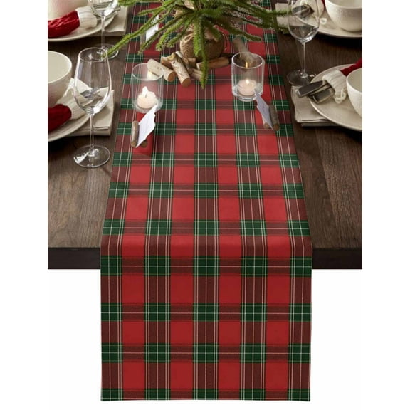Table Runner Dresser Scarves 90 Inch Long,Christmas Red Tartan Linen Dining Table Runners
