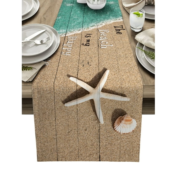 Table Runner Dresser Scarves 90 Inch Long, Coastal Ocean Starfish and Shell Sand Linen Dining Table Runners The Beach is My Happy Place Tabletop Scarf for Wedding Holiday Party Kitchen