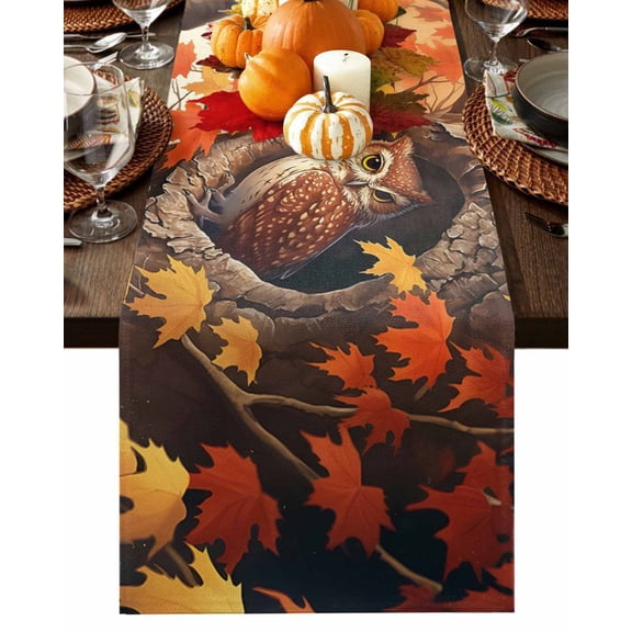 Table Runner Dresser Scarves 90 Inch Long,Cute Owl Autumn Orange Maple Leaves Linen Dining Table Runners