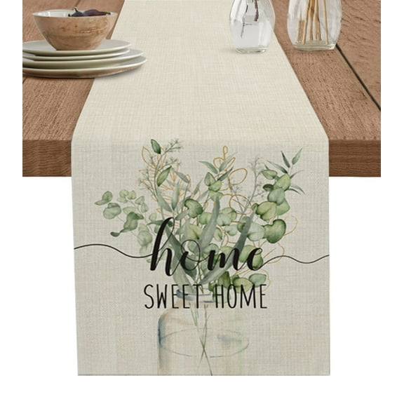 Table Runner Dresser Scarves 90 Inch Long, Eucalyptus Leaves and Home Quote Linen Dining Table Runners Botanical Branch on Burlap Cotton Tabletop Scarf for Wedding Holiday Party Kitchen