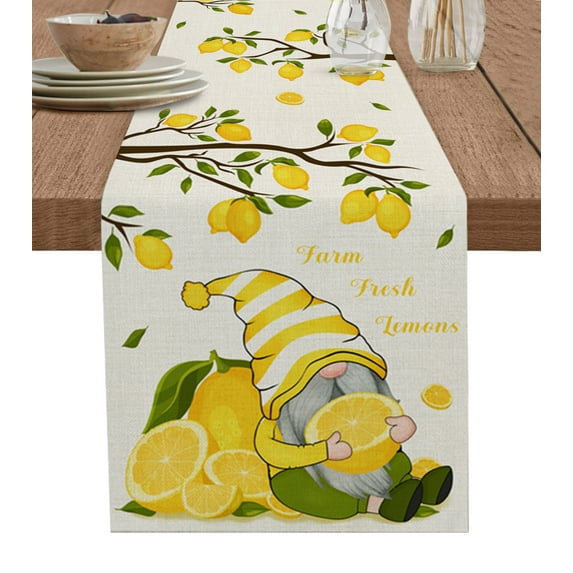 Table Runner Dresser Scarves 90 Inch Long, Farm Cute Gnome with Yellow Lemon Linen Dining Table Runners Summer Fruit Tree on Flax Linen Tabletop Scarf for Wedding Holiday Party Kitchen
