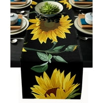 Table Runner Dresser Scarves 90 Inch Long, Farm Sunflower Linen Dining Table Runners Rustic Yellow Flowers on Black Back Tabletop Scarf for Wedding Holiday Party Kitchen