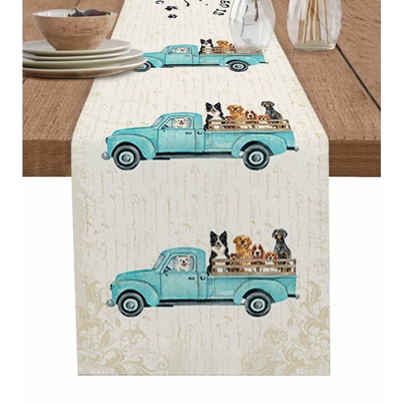 Table Runner Dresser Scarves 90 Inch Long, Farm Teal Truck with Dogs Linen Dining Table Runners Rustic Vintage Newspaper Texture Tabletop Scarf for Wedding Holiday Party Kitchen