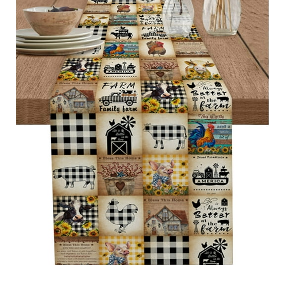 Table Runner Dresser Scarves 90 Inch Long, Farm Truck Animal Buffalo Plaid Patchwork Linen Dining Table Runners Vintage Farmhouse Tabletop Scarf for Wedding Holiday Party Kitchen