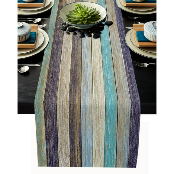 Table Runner Dresser Scarves 90 Inch Long, Farmhouse Barn Wooden Plank Linen Dining Table Runners Colorful Rustic Retro Wood Tabletop Scarf for Wedding Holiday Party Kitchen