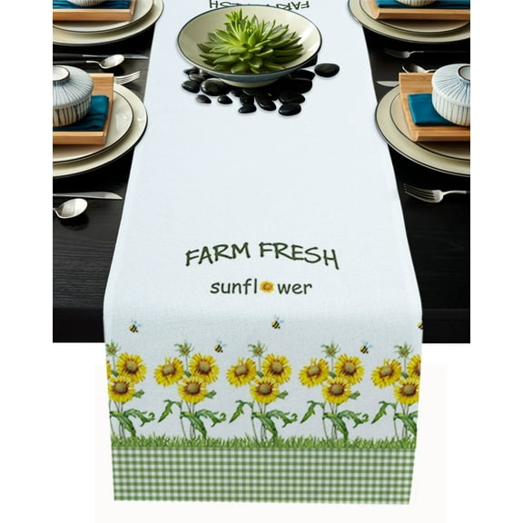 Table Runner Dresser Scarves 90 Inch Long, Farmhouse Sunflowers Bee Linen Dining Table Runners Green White Buffalo Plaid Tabletop Scarf for Wedding Holiday Party Kitchen