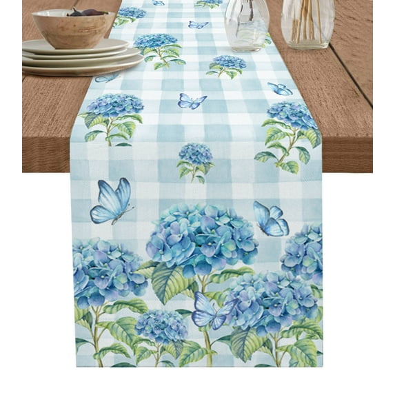 Table Runner Dresser Scarves 90 Inch Long, Garden Watercolor Hydrangea Floral Linen Dining Table Runners Butterfly on Blue Lattice Grid Tabletop Scarf for Wedding Holiday Party Kitchen