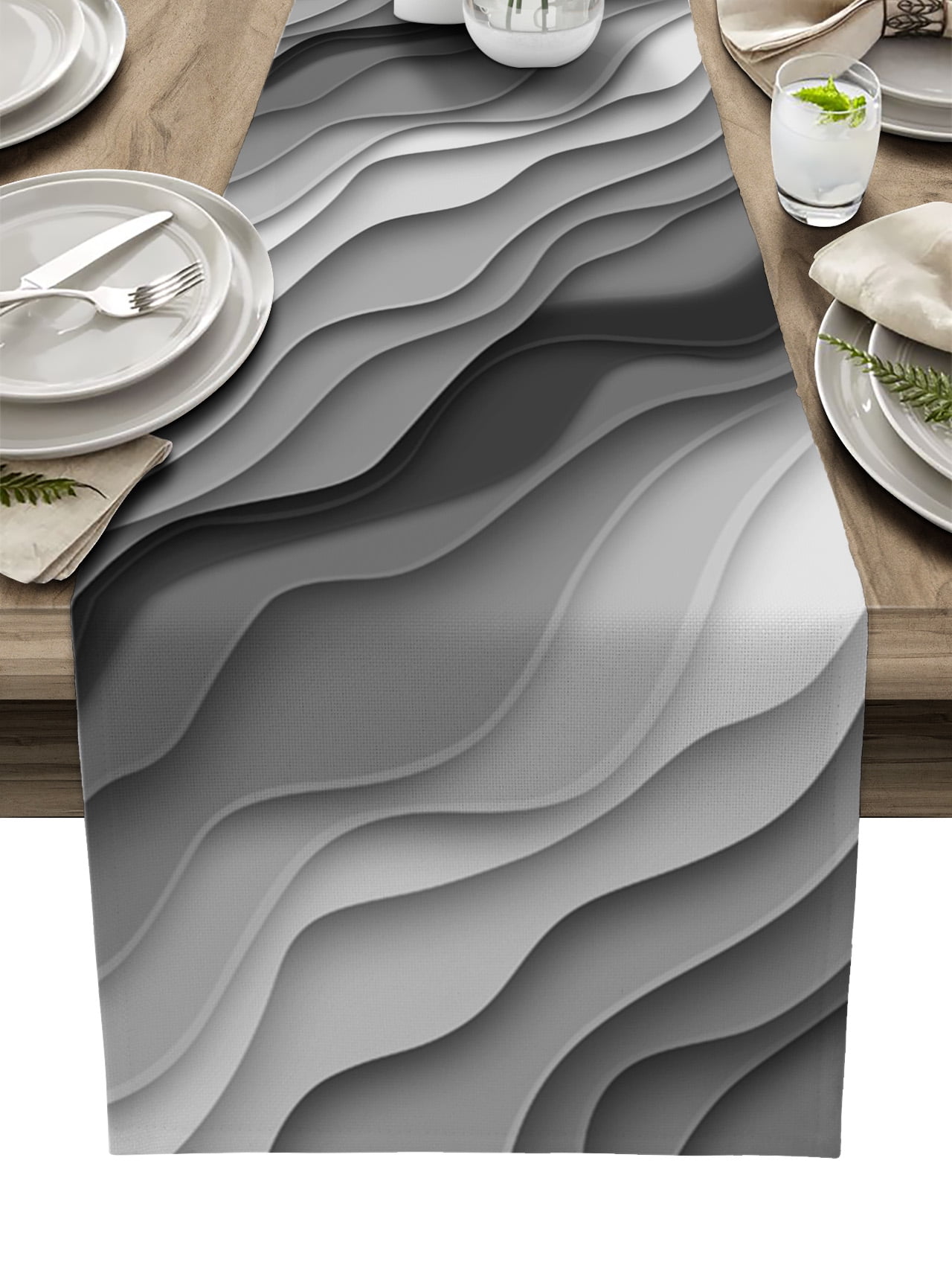 Table Runner Dresser Scarves 90 Inch Long, Gray and White Gradient Ombre Art Linen Dining Table Runners Geometric Abstract Wave Stripes Tabletop Scarf for Wedding Holiday Party Kitchen