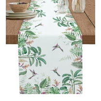 Table Runner Dresser Scarves 90 Inch Long, Green Watercolor Botanical Leaves Linen Dining Table Runners Tropical Foliage Bird on White Tabletop Scarf for Wedding Holiday Party Kitchen