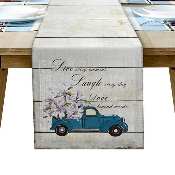 Table Runner Dresser Scarves 90 Inch Long, Magnolia Flower on Blue Farm Truck Linen Dining Table Runners Life Quote on Wood Plank Tabletop Scarf for Wedding Holiday Party Kitchen