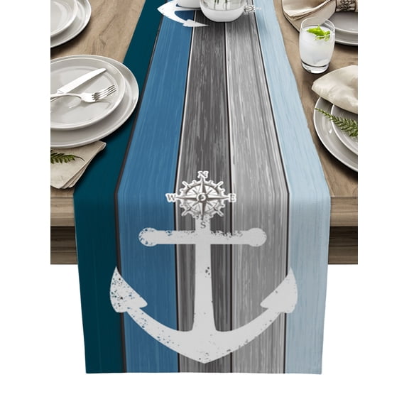 Table Runner Dresser Scarves 90 Inch Long, Marine Nautical Anchors on Vintage Wood Plank Linen Dining Table Runners Rustic Ocean Theme Tabletop Scarf for Wedding Holiday Party Kitchen