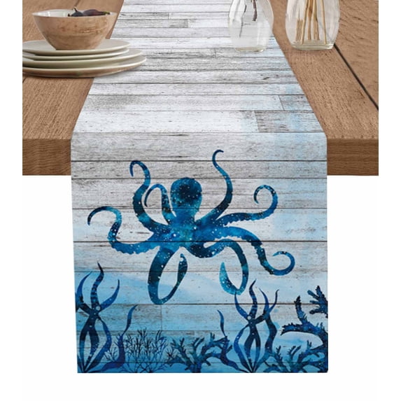 Table Runner Dresser Scarves 90 Inch Long, Marine Ocean Sea Octopus Monster Linen Dining Table Runners Coral on Rustic Wooden Board Tabletop Scarf for Wedding Holiday Party Kitchen