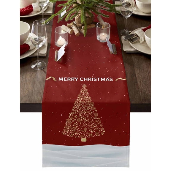 Table Runner Dresser Scarves 90 Inch Long,Merry CHRISTMAS Words on Red Linen Dining Table Runners