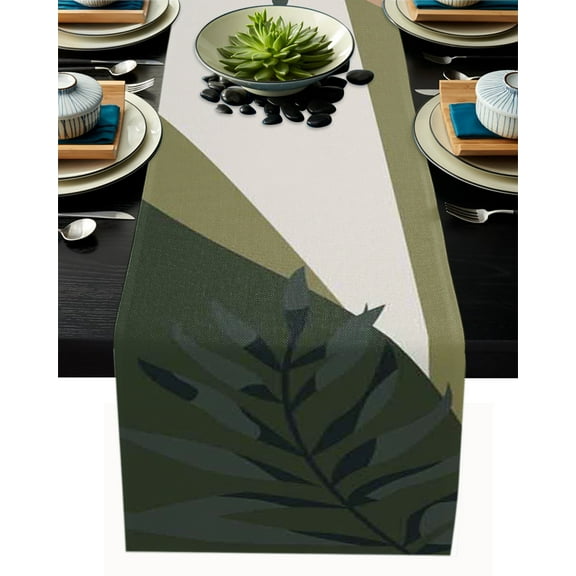 Table Runner Dresser Scarves 90 Inch Long, Mid Century Tropical Leaves Linen Dining Table Runners Modern Morandi Color Block Tabletop Scarf for Wedding Holiday Party Kitchen