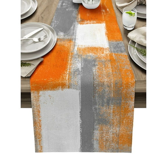 Table Runner Dresser Scarves 90 Inch Long, Modern Abstract Geometric Art Linen Dining Table Runners Orange Gray White Color Block Tabletop Scarf for Wedding Holiday Party Kitchen
