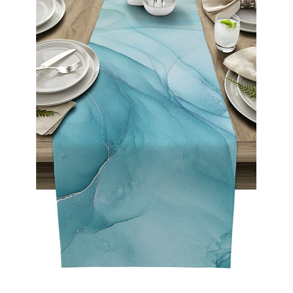 Table Runner Dresser Scarves 90 Inch Long, Modern Abstract Marble Texture Linen Dining Table Runners Blue Agate Stone Silver Stripe Tabletop Scarf for Wedding Holiday Party Kitchen