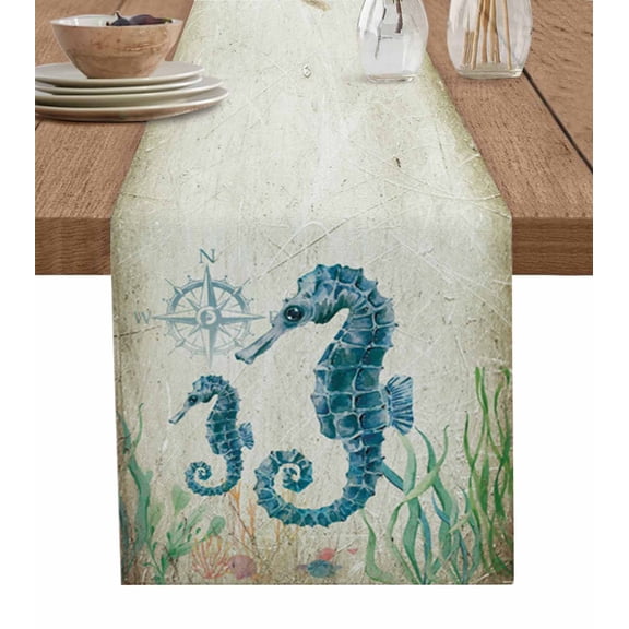 Table Runner Dresser Scarves 90 Inch Long, Nautical Compass Seahorse Seaweed Linen Dining Table Runners Marine Life on Retro Paper Tabletop Scarf for Wedding Holiday Party Kitchen