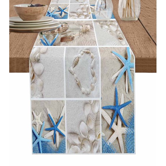 Table Runner Dresser Scarves 90 Inch Long, Nautical Marine Sail Boat Starfish Shell Linen Dining Table Runners Summer Sea Life Tabletop Scarf for Wedding Holiday Party Kitchen