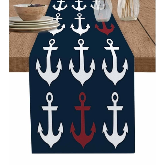 Table Runner Dresser Scarves 90 Inch Long, Nautical Red and White Anchors Linen Dining Table Runners Ocean Element on Dark Blue Tabletop Scarf for Wedding Holiday Party Kitchen