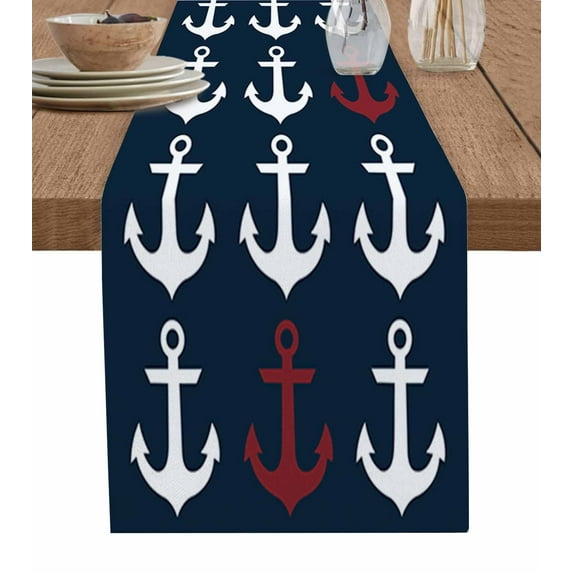 Table Runner Dresser Scarves 90 Inch Long, Nautical Red and White Anchors Linen Dining Table Runners Ocean Element on Dark Blue Tabletop Scarf for Wedding Holiday Party Kitchen