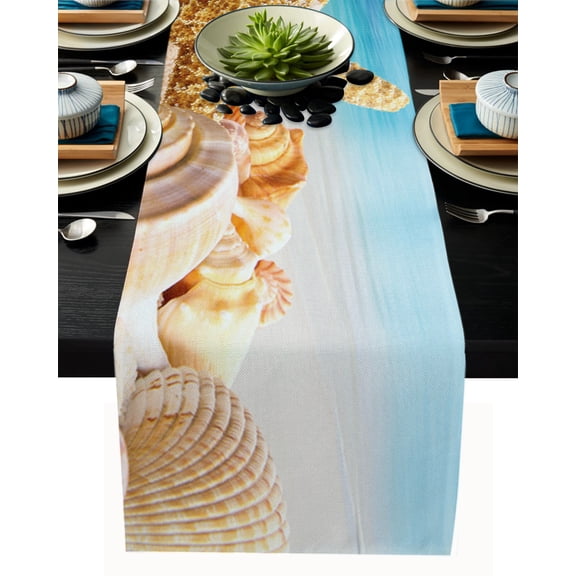 Table Runner Dresser Scarves 90 Inch Long, Ocean Starfish Shell Conch on Beach Linen Dining Table Runners Summer Tropical Coastal Scenery Tabletop Scarf for Wedding Holiday Party Kitchen